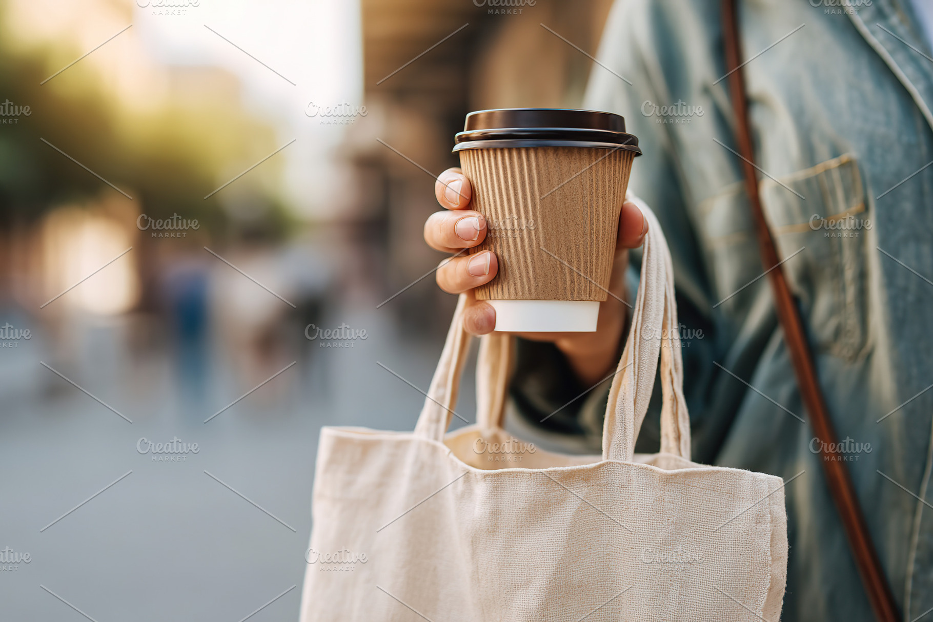 Young adult enjoys coffee while walking in urban area with reusable cup and clo, a Food & Drink Photo by AlyaAnd