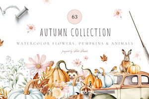 Watercolor Autumn Floral Animal Set