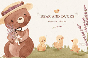 BEAR AND DUCKS. Watercolor Clipart