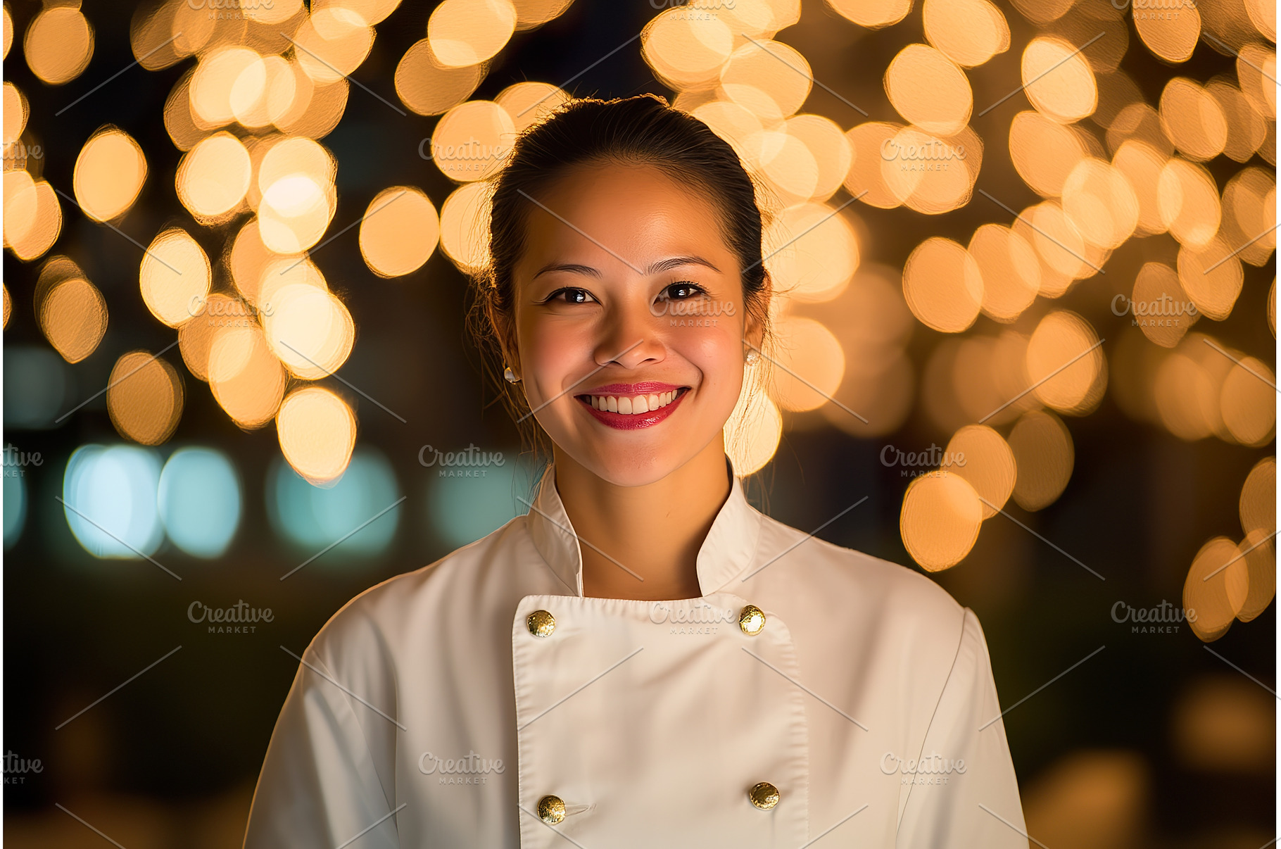 Confident asian female chef smiling, a Food & Drink Photo by Lermont51