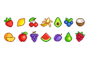 Pixel fruits. Pixelated icons fruit