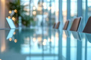 A modern conference room with a sleek glass table and soft bokeh lights in the, a Background Photo by ImageMir
