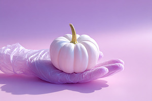White pumpkin resting on a gloved hand against a pink background during a creat, a Holiday Photo by AlyaAnd