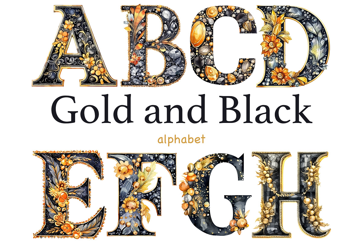 Gold and Black Alphabet Clipart, a Decorative Illustration by GlamArtZhanna (Photo 1 of 5)