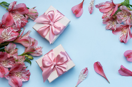 Beautiful Alstroemeria flowers and gift boxes on blue background, a Holiday Photo by Olena Rudo
