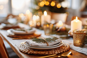 Festive dining table setting with candles and pine decor, a Holiday Photo by AlyaAnd
