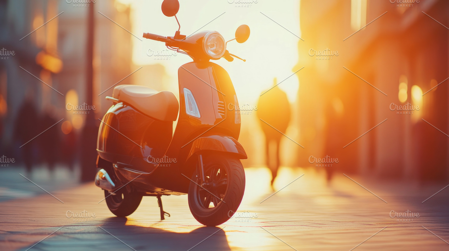 Stylish Scooter Parked on City Street at Sunset, an Abstract Photo by Natalia Klenova's Shop