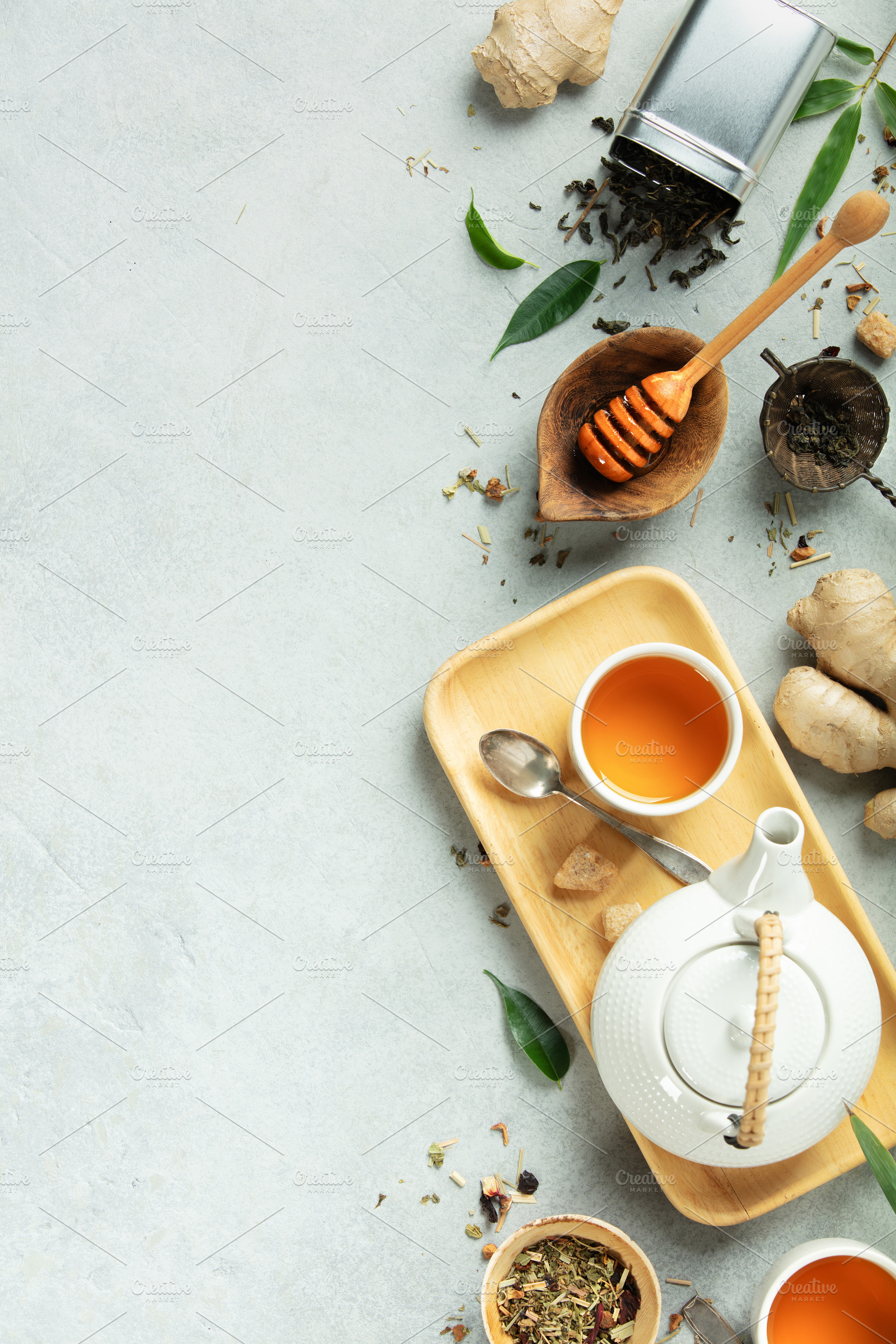 Natural Tea and Wellness Flat Lay with Herbs, Honey, and Ginger, a Food & Drink Photo by Natalia Klenova's Shop