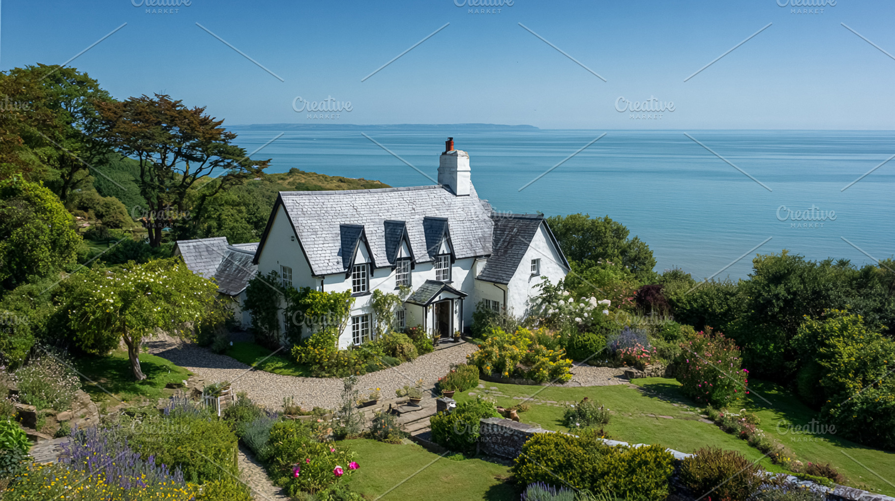Idyllic white cottage overlooking the sea on a sunny day, with a, a Photo by Studio ANNA