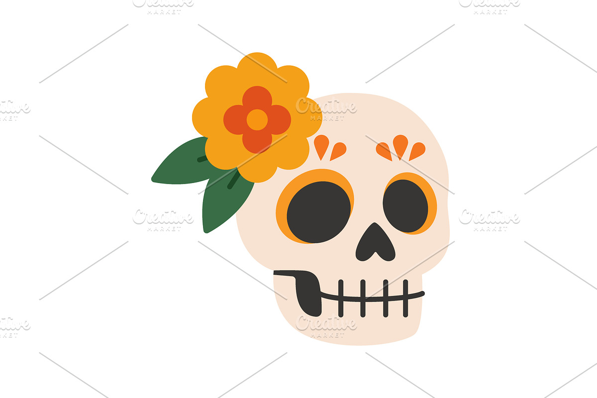 Sugar skull with marigold flower, an Object Illustration by GraphiShop