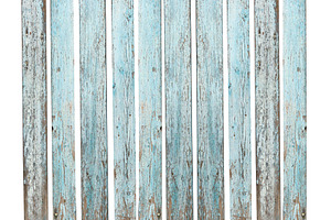 Vertical row of old wooden planks with peeling blue paint showin, a Background Photo by ndanko