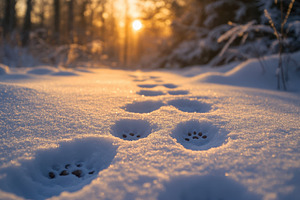 Animal tracks in snow at sunrise, le, a Photo by Pixeness Studio
