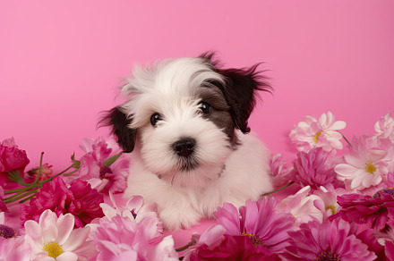 Adorable and affectionate puppy dog on a pink background surroun, an Animal Photo by José Manuel Gelpi