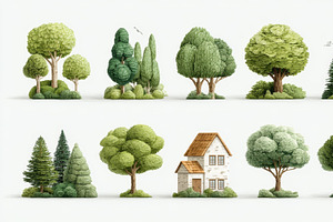 Picturesque collection of diverse trees and a small house in a tranquil nature, an Illustration by AS photostudio