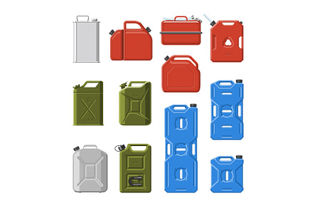 Canister vector jerrican or can of fuel gasoline for automobile and plastic jerrycan with petrol or oil illustration set of cannikin isolated on white background, an Industrial Photo by RocketArt