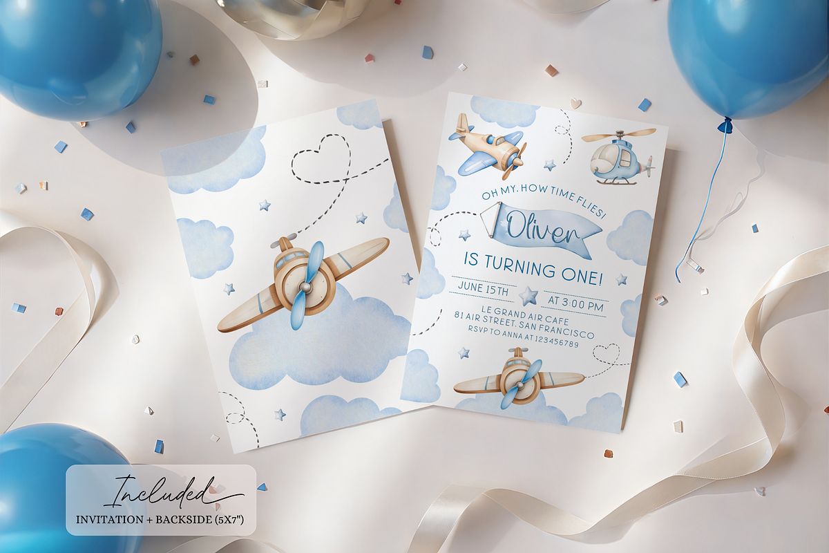 Blue Airplane Birthday Party Invite, a Templates & Theme by VeliusCreativeStudio (Photo 2 of 3)