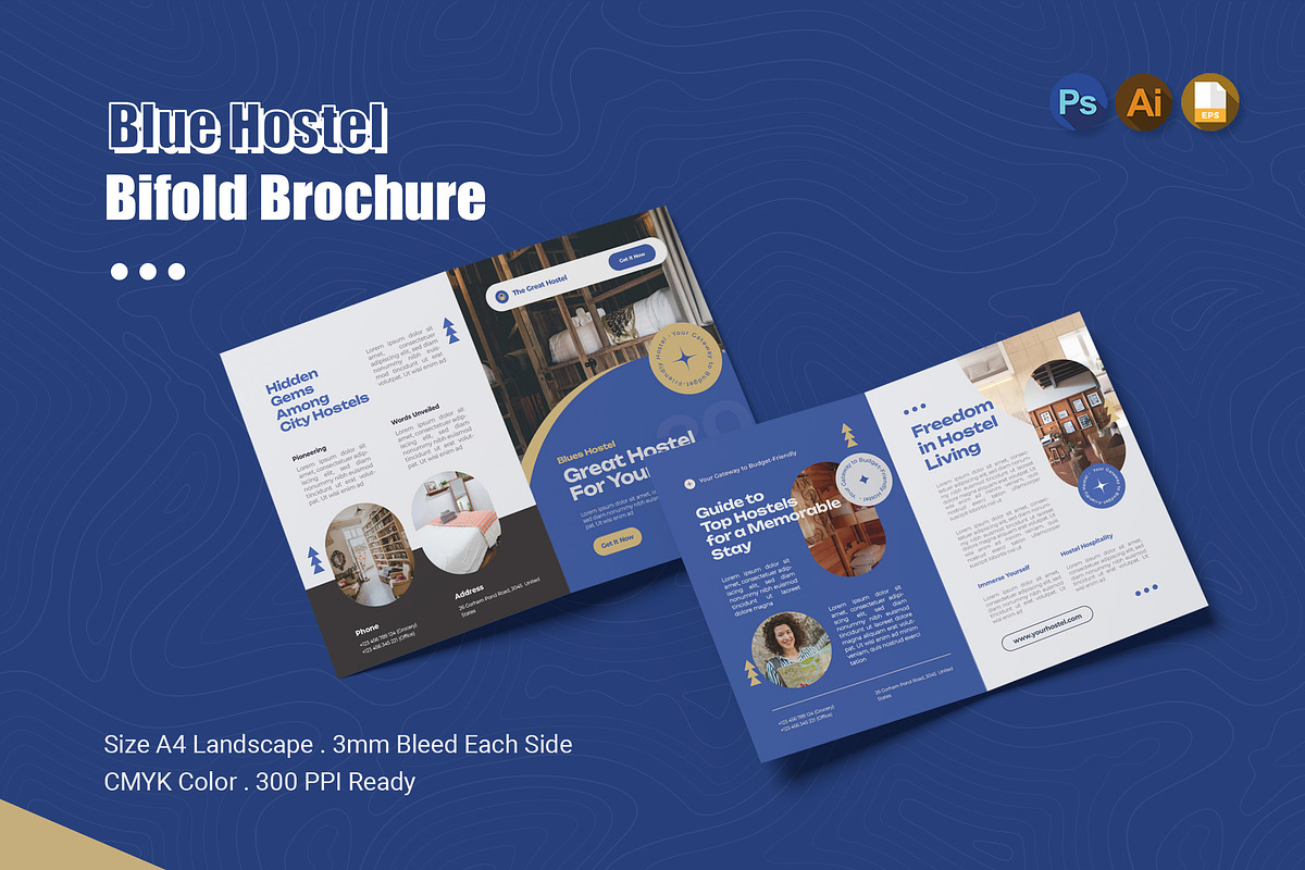 Blue Hostel Bifold Brochure, a Brochure Template by Esensifiksi.studio (Photo 1 of 3)