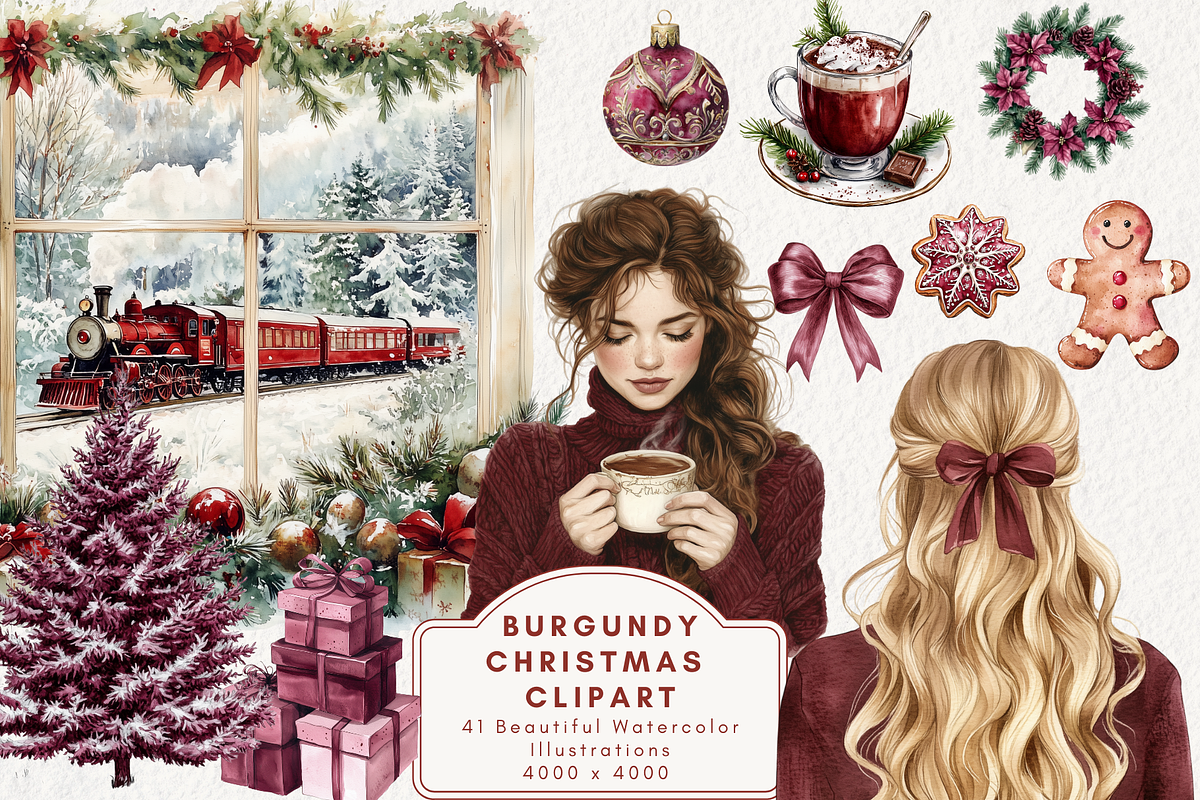 Burgundy Christmas Clipart, an Illustration by NadiaTheronArt (Photo 1 of 5)