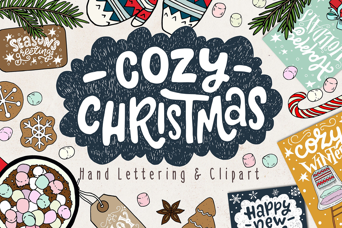 Cozy Christmas Lettering & Clipart, a Seasonal Illustration by Sketchetarian (Photo 1 of 10)