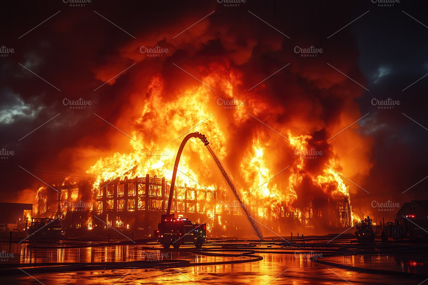Massive fire engulfs warehouse as fi, a Photo by Tanuart