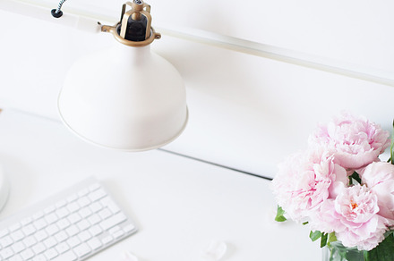 Peonies & Lamp Styled Desk Photo