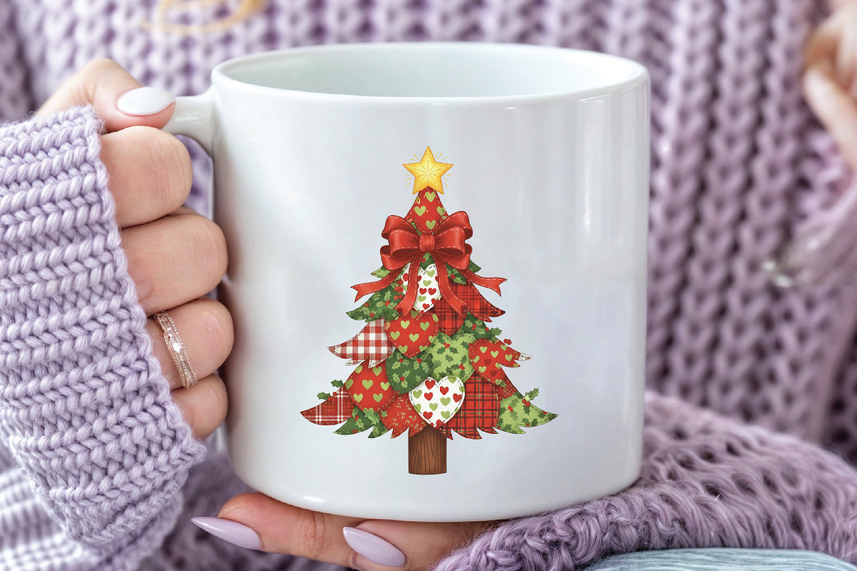 Retro Patchwork Christmas Tree PNG, an Illustration by CraftArtStudio (Photo 3 of 4)