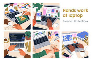 Hands Working At Laptop Computer Set