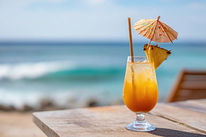 Refreshing tropical cocktail with an umbrella on the beach near the ocean shore, a Food & Drink Photo by AlyaAnd