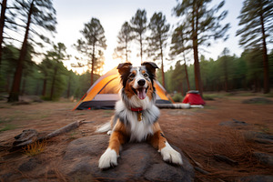 Portrait of Australian Shepherd dog in front of camping tent in mountain forest, an Animal Photo by Lenor4ik