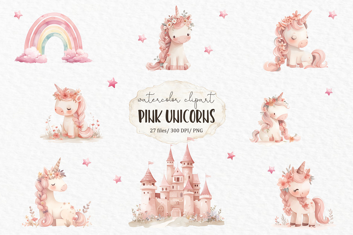 Pink unicorn watercolor clipart PNG, an Animal Illustration by MyLittleMeow (Photo 1 of 5)