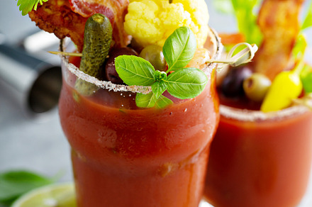 Bloody mary cocktail topped with various garnishes, a Food & Drink Photo by farwasser
