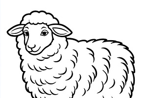 Cartoon sheep standing, looking forward with thick wool, a farm animal line art, an Illustration by Studio ANNA