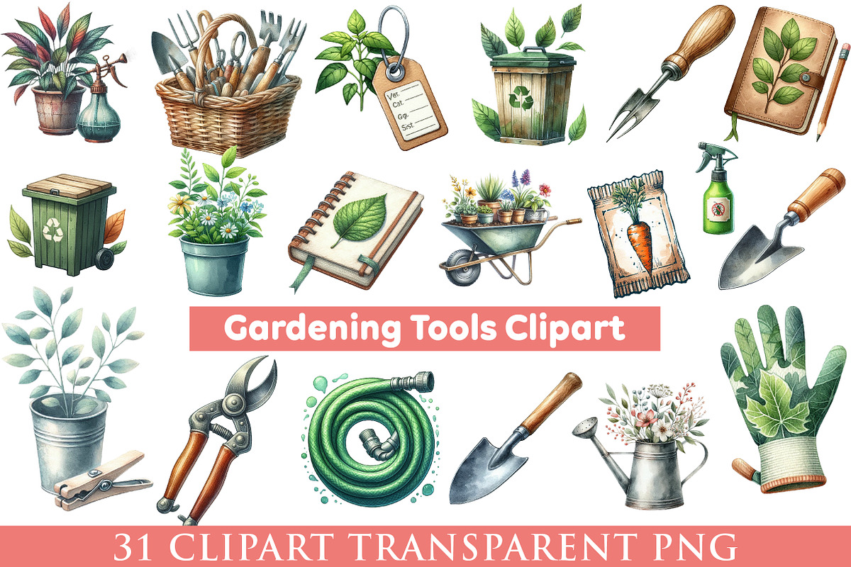 Gardening Tools Watercolor  Png, an Illustration by cherrydesign (Photo 1 of 5)