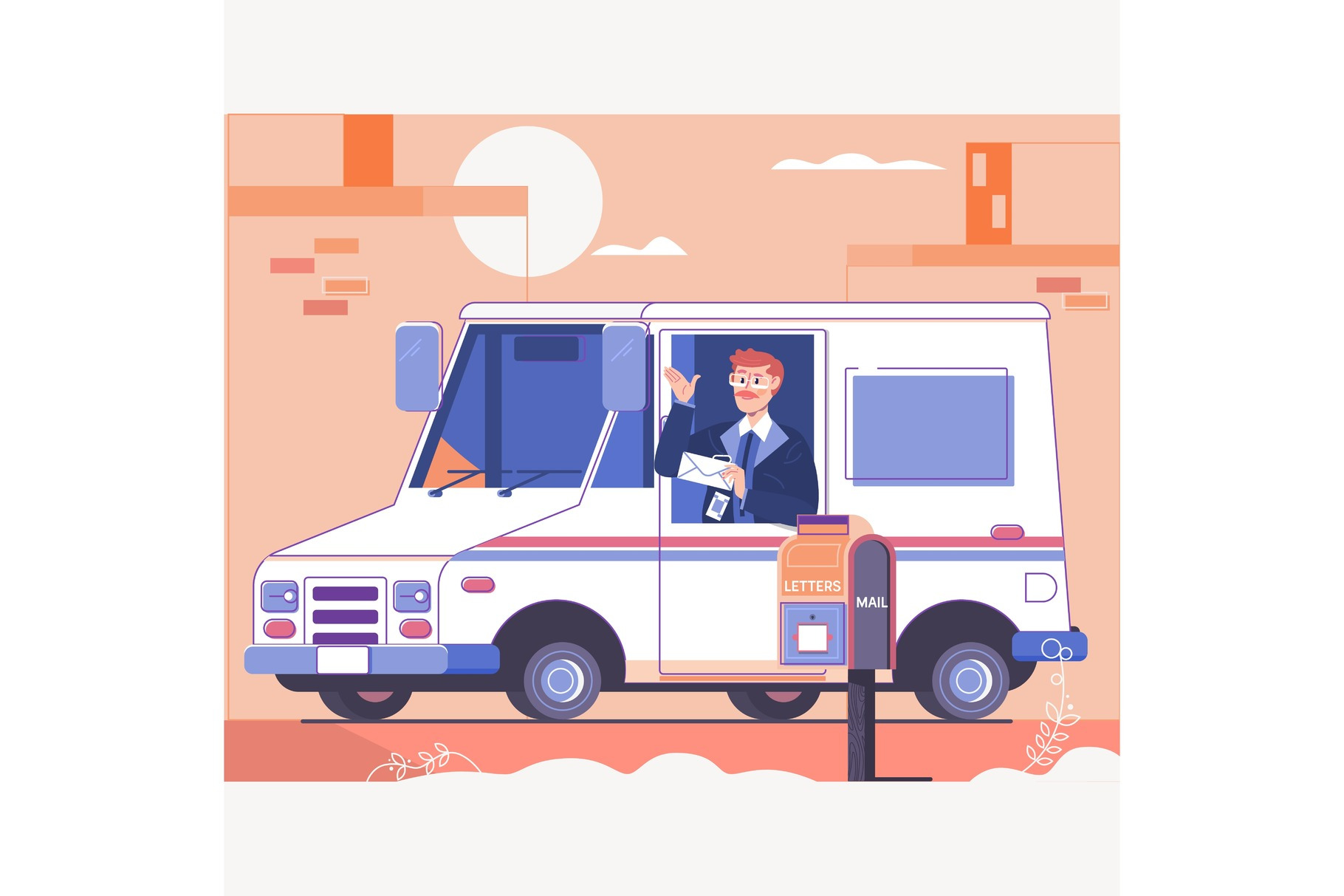 Postman delivering letters to mailbox of recipient.Smiling truck driver ...