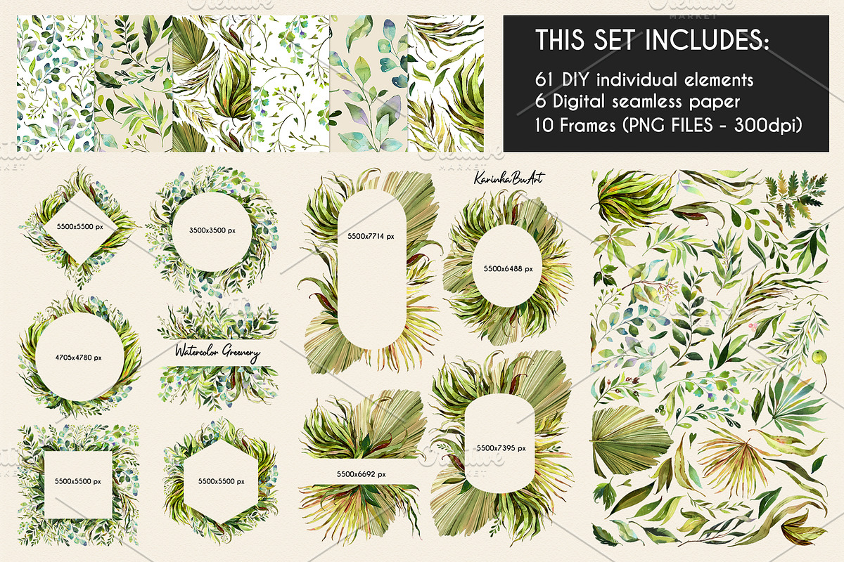 Watercolor Greenery Leaves 77PNG kit, an Illustration by KarinkaBU (Photo 3 of 10)