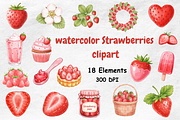 Watercolor Strawberries Clipart, a Food Illustration by BerryPieArt (Thumbnail 1 of 4)