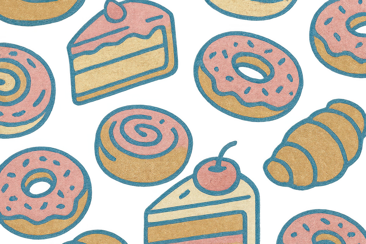 Sweet pastries pattern with cakes an, an Illustration by Dvoevnore photos