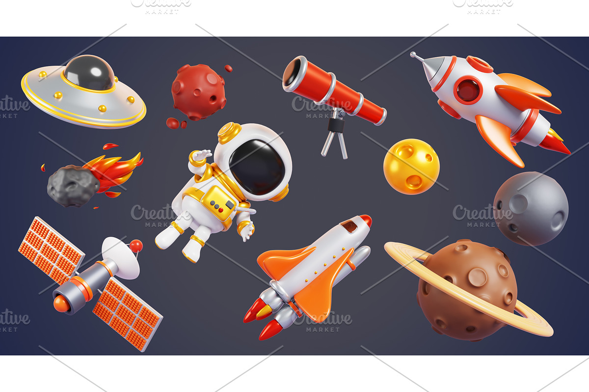3d alien ufo, planets, astronaut, a Technology Illustration by Marozhkastudio