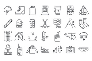 Holiday Ski Resort Icon Set, Outline