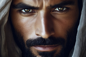 A close-up portrait of a arabic man with intense eyes and a beard, wearing a ho, a Person Photo by Textures & Backgrounds