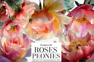 Watercolor Roses Peonies Clip Art, an Illustration by Designworld