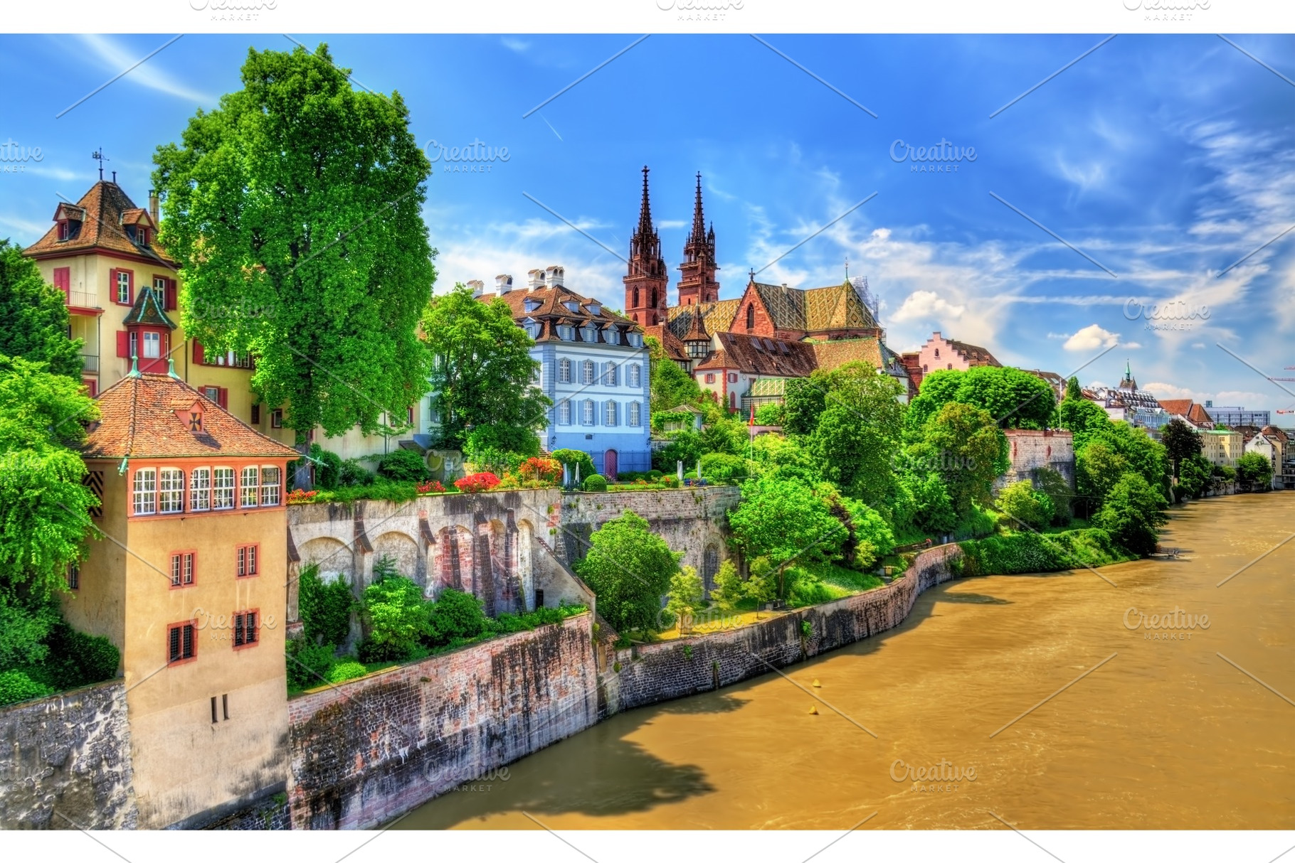 Old town of Basel with the cathedral above the Rhine river, an Architecture Photo by Leonid Andronov