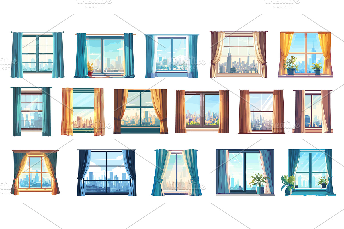 Cartoon windows with curtains set, an Object Illustration by Stock ...