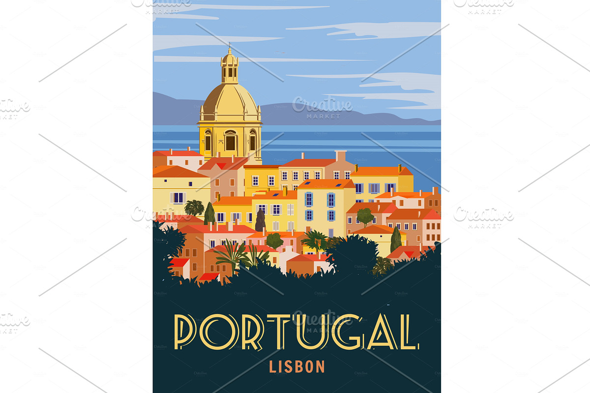 Travel Poster Poster Lisbon, Vintage, an Illustration by Vector_Up