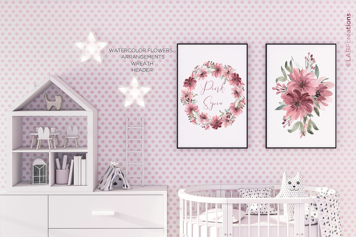 Pink Sepia. Watercolor Flowers, an Illustration by LABFcreations (Photo 5 of 6)