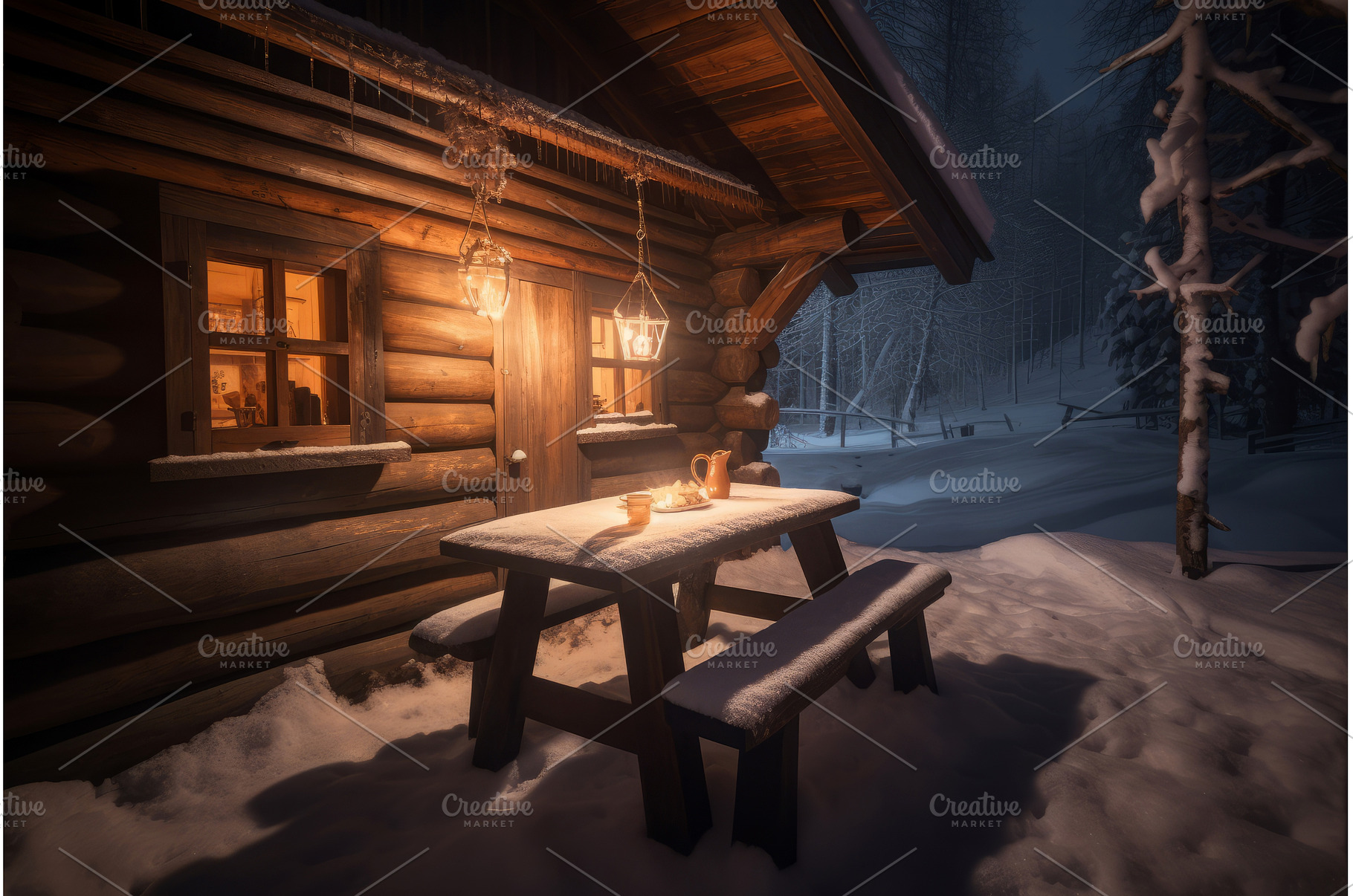 Winter cabin outside evening lights, an Architecture Photo by Ylivdesign