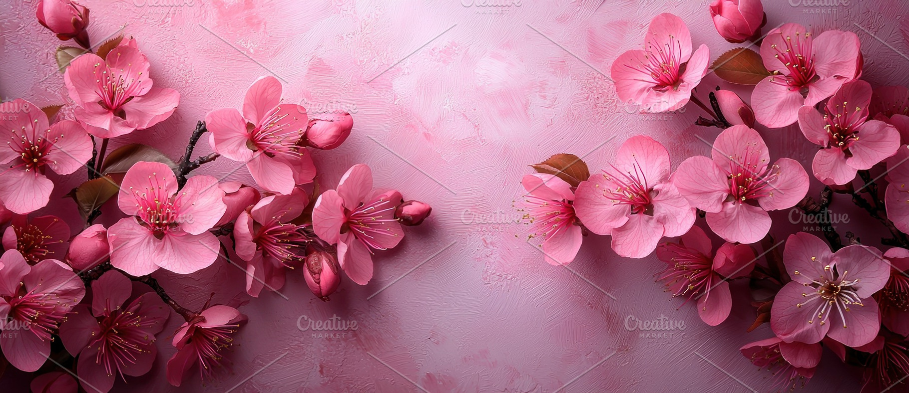 Pink cherry blossoms arranged on a textured pink background with, a Nature Photo by José Manuel Gelpi