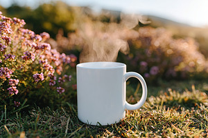 Steam rises from a mug placed on lush grass surrounded by vibrant flowers in so, a Food & Drink Photo by AlyaAnd