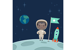 Kid Astronaut Standing On The Moon. Space Background Illustration