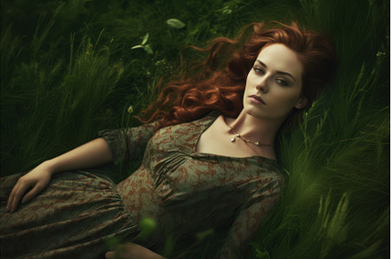 Lady red hair lying on green grass, a Person Photo by Ylivdesign